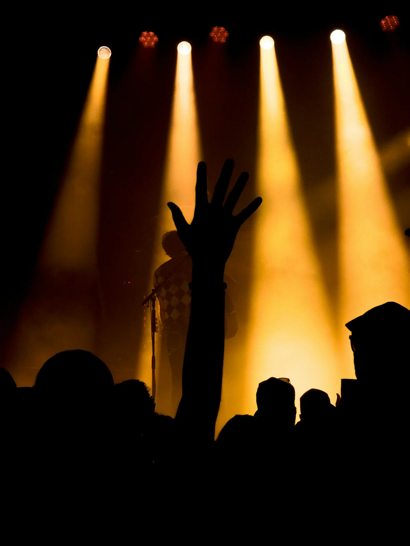 Illustrative concert crowd with hands raised