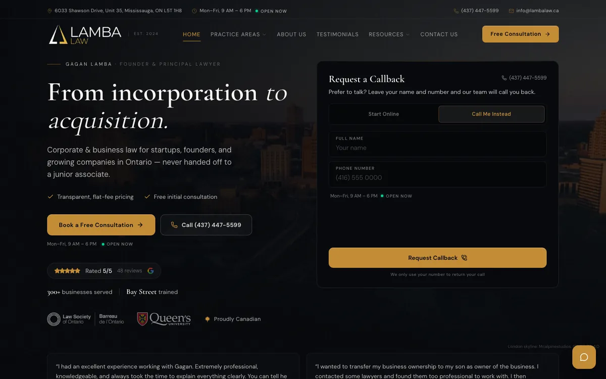 Lamba Law after the rebuild: the homepage at lambalaw.ca, Sep 28, 2026