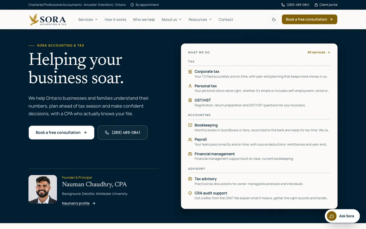 Sora Accounting & Tax after the rebuild: the homepage at soratax.ca, Sep 28, 2026