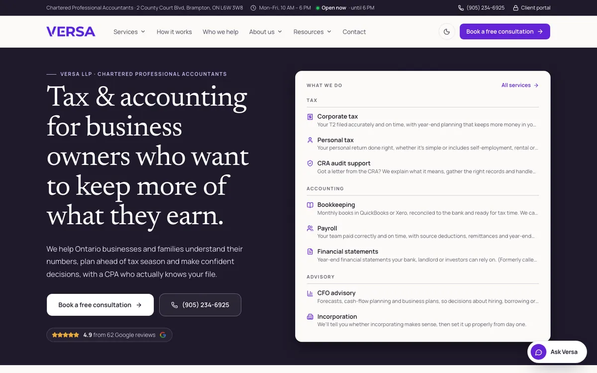 Versa LLP after the rebuild: the homepage at versaaccounting.ca, Sep 28, 2026